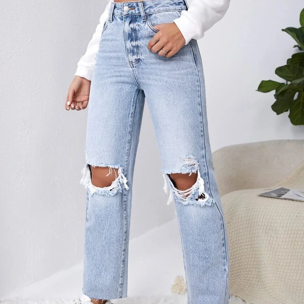 Blue Casual Womens Ripped Raw Cut Straight Leg Jeans - Picture 5 of 5